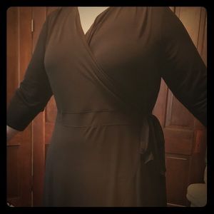 Black calf length faux wrap dress